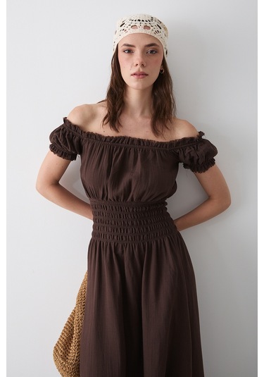 Kahverengi Büzgülü Elbise - 2002 Kahverengi