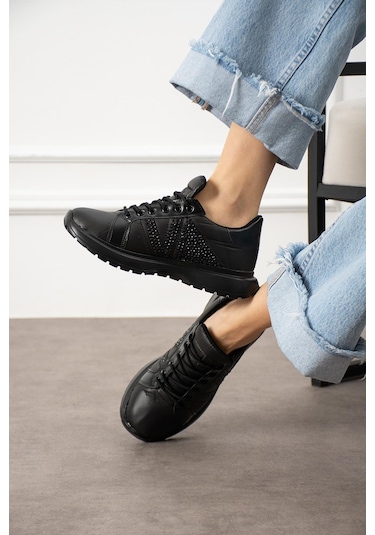 Shoetek Beatriz Kadın Sneakers Yandan Taşlı Bağcıklı Spor Ayakkabı Siyah Siyah