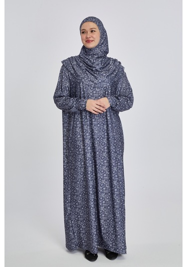 Pratik Tek Parça Çiçek Desenli Namaz Elbisesi Lacivert