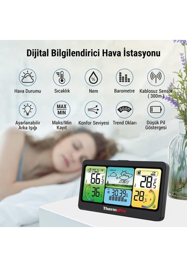 Thermopro Tp280b 7" Wi-fi İç Ve Dış Mekan Dijital Sıcaklık, Nem, Basınç Ölçer Ve Hava Tahmin İstasyonu