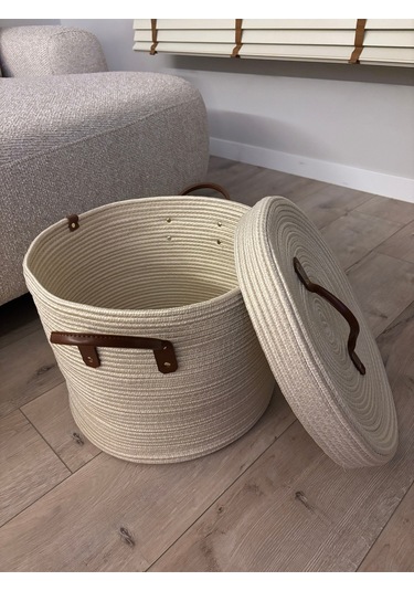 Armonia Deri Saplı Kapaklı Kirli Çamaşır Sepeti Düzenleme Sepeti Oyuncak Sepeti Krem