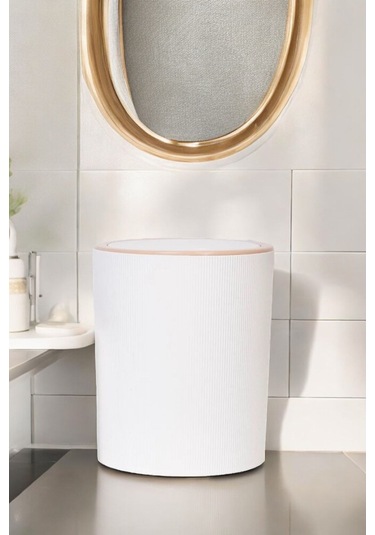 Decorev Lüks Ahşap Desenli Banyo Mutfak Çöp  Kovası Beyaz