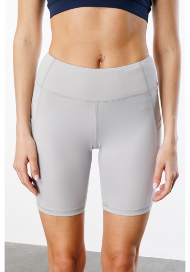 Yüksek Bel Toparlayıcı Çift Cepli Biker Şort Kısa Spor Tayt Kısa-tayt Gri