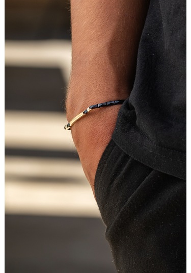 Cenova Kuyumculuk 14 Ayar Altın Bar Detaylı Siyah Seramik Erkek Bileklik Sarı Altın