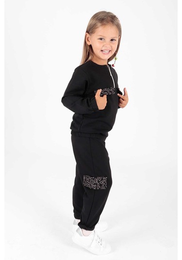 Ahengim Kız Çocuk Cepleri Baskılı Eşofman Takımı Ak2232 Siyah