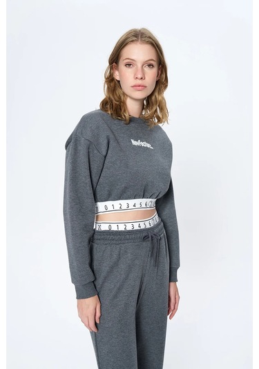 Beli Sayı Detaylı Crop Sweatshirt Antrasit Antrasit