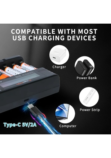 Xuweiwei Powerkan 8 Yuvalı Aa Aaa Pil Şarj Cihazı Tümü8 1.2v Ni-mh Ni-cd 350mahx8 1.5v Li-ion 200mahx8 Usb-c Kablo Dahil