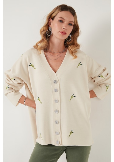 Lela Oversize Fit Desenli V Yaka Triko Bayan Hırka 4616193 Krem