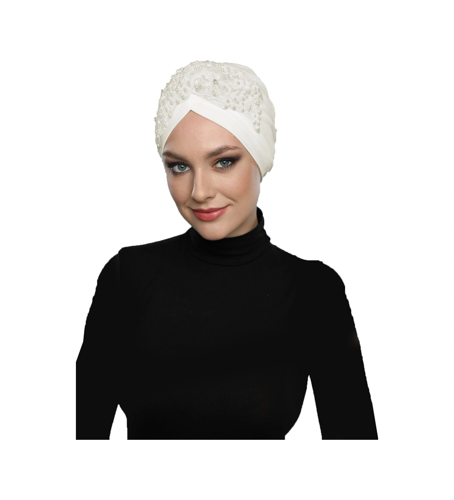 Kopma Astarlı İşlemeli Krem Çiçek Dantel Motifli Hazır Türban Tesettür Abiye Bone Krem-çiçek