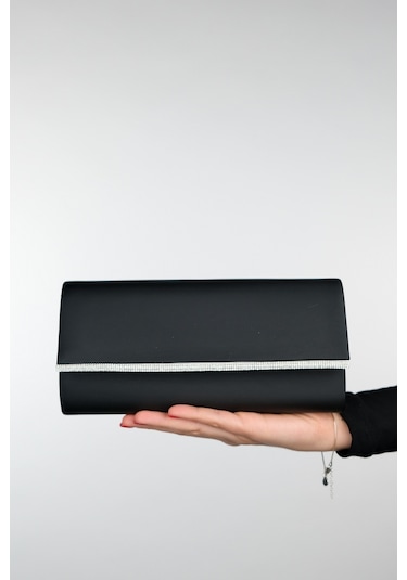 Marıa Siyah Saten Gümüş Taşlı Kadın Abiye Çanta Siyah