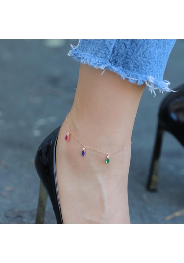 Renkli Zirkon Taşlı Damla Modeli Rose Gold Kaplama Gümüş Halhal Gümüş