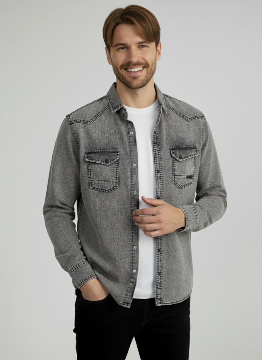 Erkek Gömlek Slim Fit Yıklamalı Kot Gömlek Gri