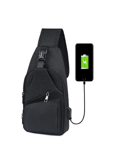Erkek Omuz Çantası, Usb Şarj Portu Ve Kulaklık Portu Olan Siyah Göğüs Çantası, Unisex Seyahat Sırt Çantası Qd