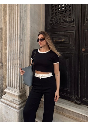 Crop Pantolon Biyeli Takım Siyah Siyah