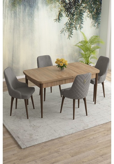 Meri Serisi 80x132 Açılabilir Mdf Meşe Masa Takımı 4 Lacivert Sandalye Kahve Ayak Gri