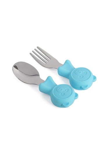Jojobebek Kaşık Çatal Seti, Ergonomik Kısa Saplı Silikon, Paslanmaz Çelik Uçlu, Saklama Kutulu, (9-24 Ay) (MAVİ)