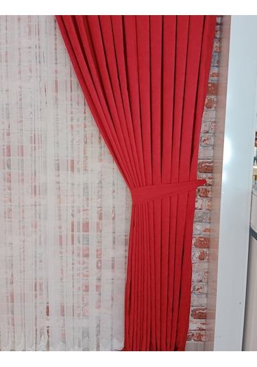 Kırmızı Renk Fon Kadife Perde Çift Kanat 1/3 Sık Pileli Dikim V-39 Kırmızı