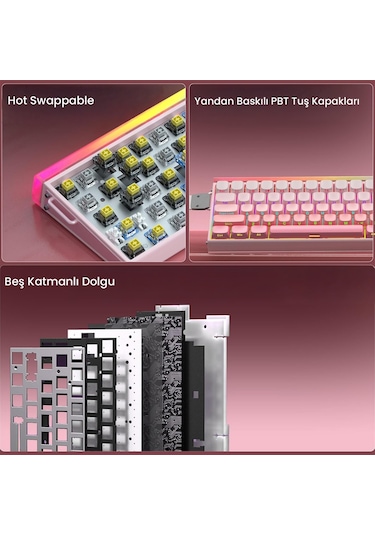 Aula Hero 68 He Manyetik Klavye Rapid Trigger Black King Switch 8000hz Rgb Neon Tkl Hot Swap Oyuncu Klavyesi Pembe