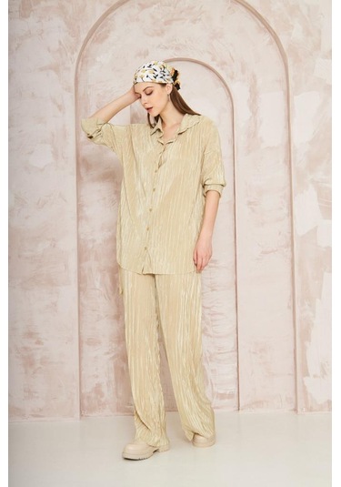 Kadın Pliseli Beli Lastikli Pantolon Tunik Gömlek Ikili Bürümcük Salaş Takım 3573300 Sarı