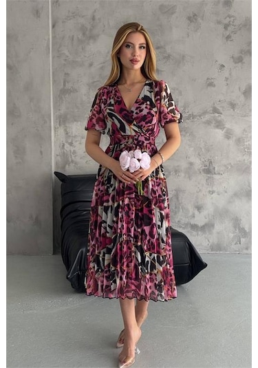 Neşeli Butik Kadın Fuşya Kruvaze Yaka Desenli Şifon Elbise Nbq001 Fuşya