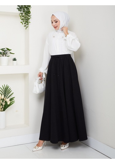 Beli Lastikli İpli Kot Kloş Etek Siyah Siyah