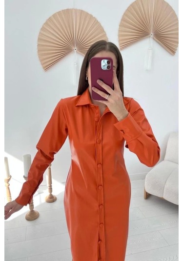 Oranj Boydan Düğmeli Deri Elbise Oranj