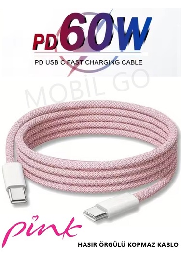 İphone 15-16-17 Pro Max Plus Uyumlu Type-c Hasır Yeni Nesil Hızlı Şarj Kablosu Pembe 100 Cm