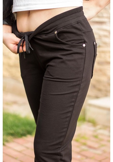 Kadın Siyah Ön Arka Cep Gizli İpli Lastikli Rahat Pantolon Eşofman Altı 21KESAPANT Siyah