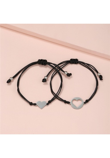 Tesbihane Siyah İp Zincirli 316l Kalite Çelik Kalp Tasarım 2li Bileklik Çelik