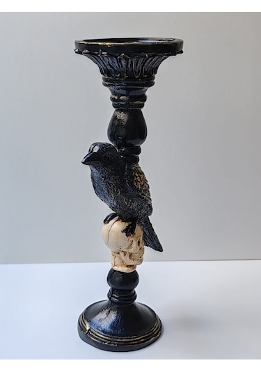 Gotik Tasarım Siyah Kuş Ve Kafatası Şamdan, Mumluk, El Yapımı, Ev Dekoru Siyah