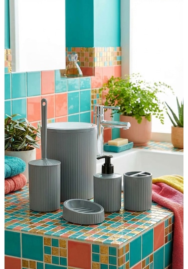 Makri Home 5 Parça Şık Gri Banyo Seti, Hacim: 6 Litre Gri