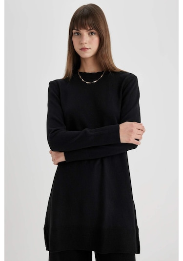 DeFacto Regular Fit Bisiklet Yaka Yırtmaçlı Basic Düz Triko Kazak Tunik H3431AZ24AUBK27