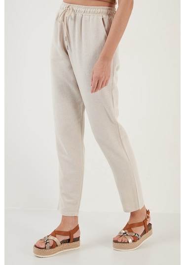 Lela Pamuk Ve Keten Karışımlı Yüksek Bel Rahat Kesim Cepli Bayan Pantolon 5865019 Bej