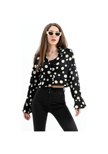 Omuzları Vatkalı Kolları Volanlı Puantiyeli Saten Gömlek - Siyah-ekru-siyah-ekru Siyah - Ekru
