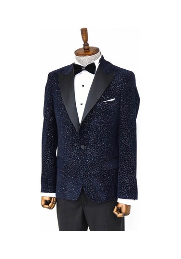 Wessi Işıltılı Çiçek Desenli Lacivert Erkek Smokin Ceket Lacivert