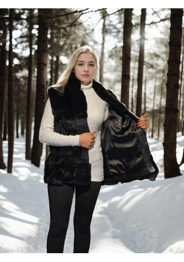 Kadın Kolsuz Hakiki Kürk - Siyah Kahve