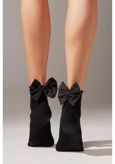 Heleni Kadın Bambu Siyah Fiyonklu Siyah Soket Çorap Siyah