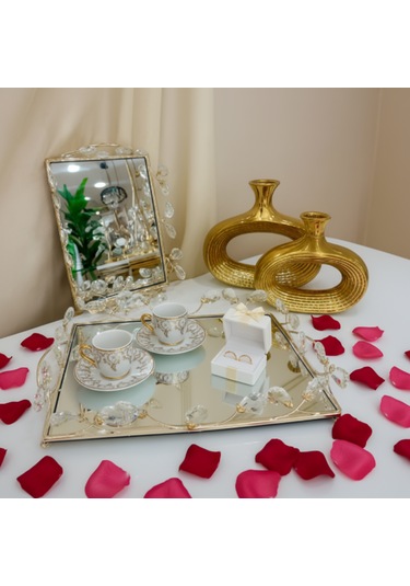 2 Li Gold Renk Aynalı Dekoratif Tepsi Seti Beyaz- BB030