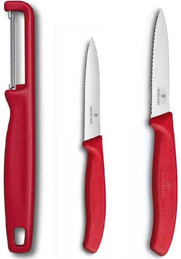 Victorinox Kırmızı Tırtıklı Soyma Bıçağı 8 Cm - 10 Cm Ve Domates Sebze Soyacağı 3lü Set Kırmızı