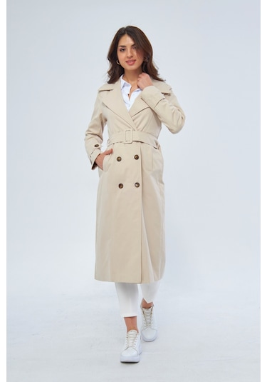 %100 Pamuk Ekstra Uzun 120cm Kruvaze Kadın Trençkot 1121 Taş Rengi Taş