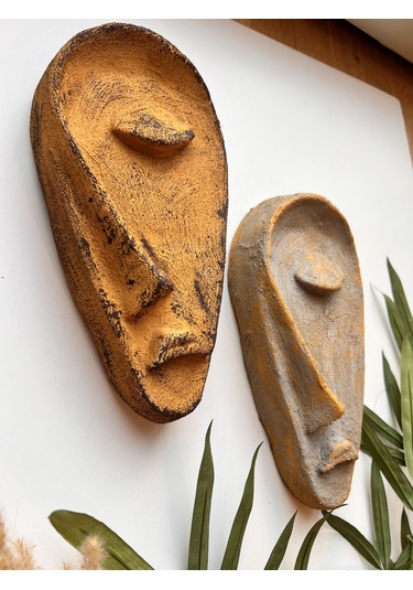Özel Tasarım El Yapımı Taş Heykel Soyut Yarım Yüz Maske 2'li Set, Duvar Dekor, Modern Ev Ve Ofis Dek