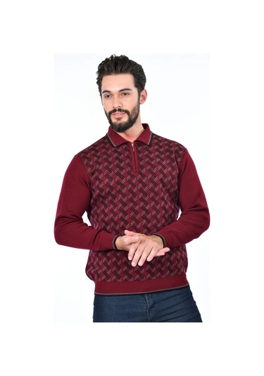 Kamalı Erkek Çelik Örgü Gömlek Yaka Fermuarlı Polo Yakalı Çizgili Desen Tüylenmeyen Triko Kışlık Baba Kazak Bordo