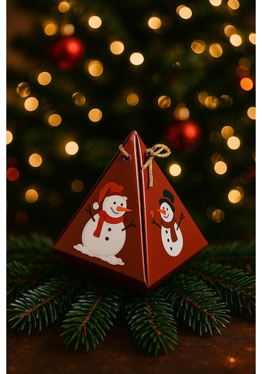 Kırmızı Kardan Adam Konsept 10'lu Piramit Kutu - Hediye Kutusu - Yılbaşı Kutusu - Yılbaşı Hediyesi