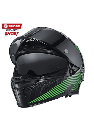 Scoyco FF871 Ghost Güneş Vizörlü Kapalı Kask Parlak Siyah - Yeşil