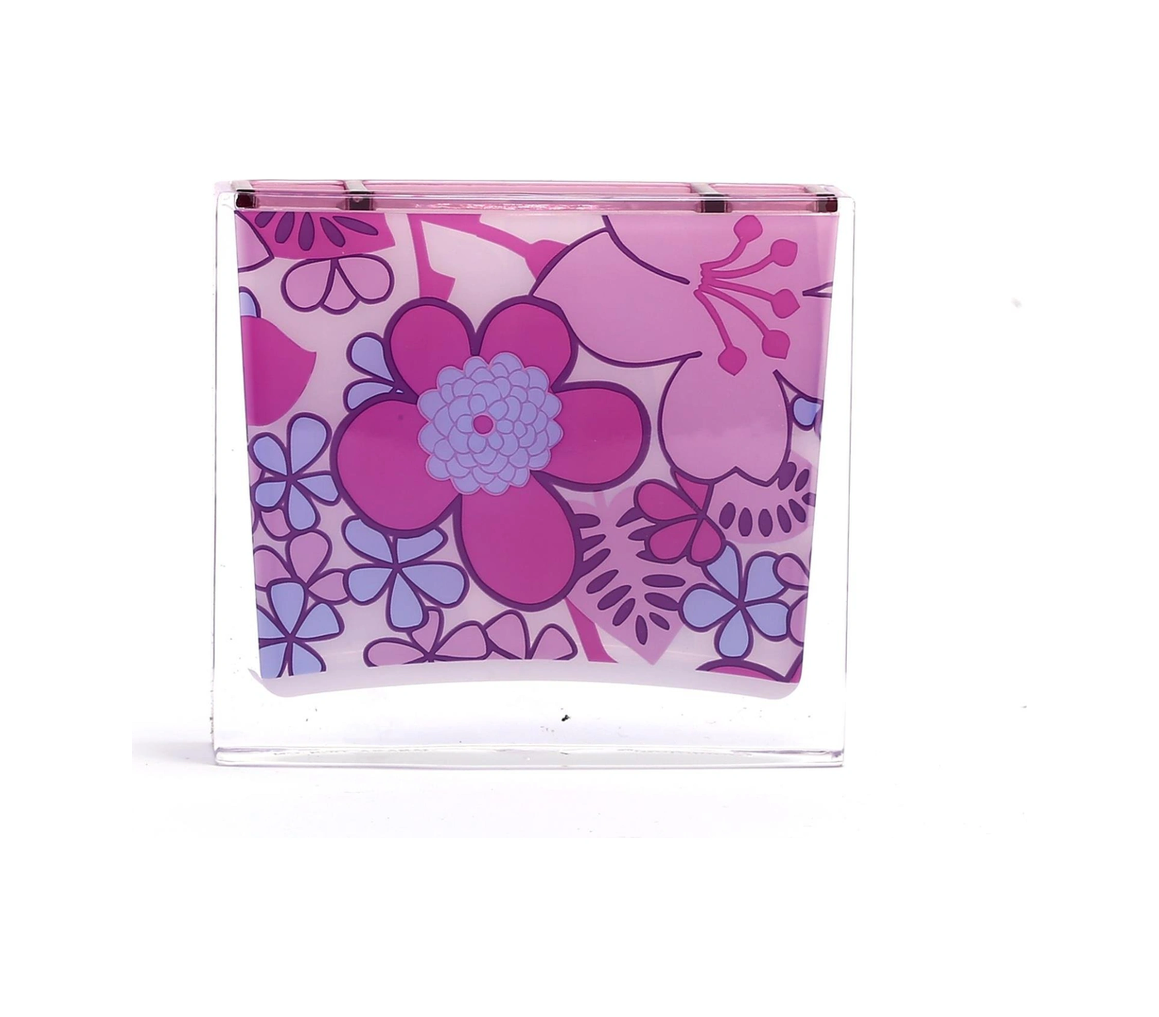 2 Adet Diş Fırçalık Pembe Çiçekli Akrilik 10x10x3cm Banyo Seti Çok Renkli