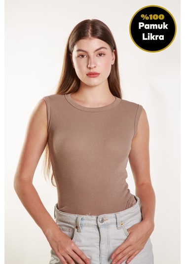 Kadın Vizon Fitilli Likralı Sıfır Kol Bisiklet Yaka Örme Atlet Tshirt Bluz Vizon