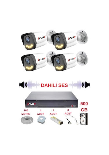 Fury 4 Lü Sesli Gece Renkli Görüş Güvenlik Kamerası Su Geçirmez Güvenlik Kamerası Seti 5590s 500gb