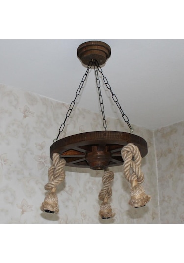 Otantik Çarşı Ahşap Halatlı Teker Avize 40 Cm 3'Lü