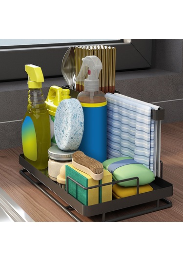 Moveevo Banyo Mutfak Sulama Kuyusu Organizerı: Çelik Rustsuz Su Biriktirici Tabla, Fırça-sünger Bezi Saklama Rafları, Ayrıntılı Bölmeli Usable Tasarım Siyah