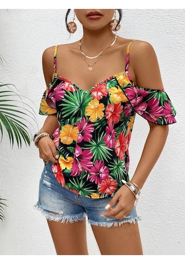 Munn Collection Kadın Askılı Omuzlardan Açık Çiçek Baskılı Bluz Desenli